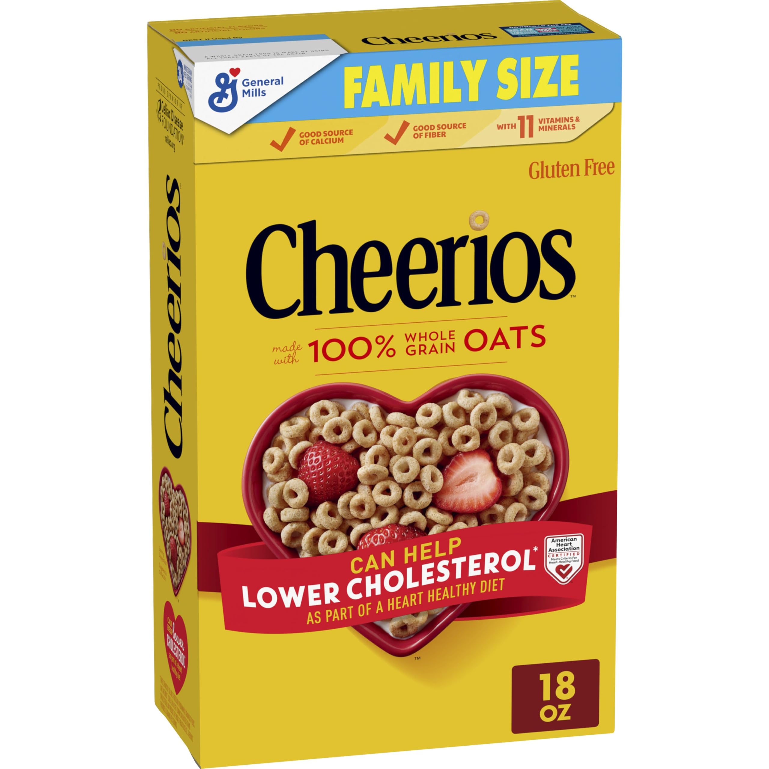 Cheerios Heart Shapes cereal box front promotes a heart-healthy breakfast start.