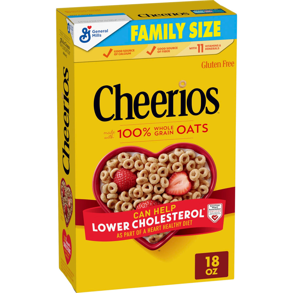 Cheerios Heart Shapes cereal box front promotes a heart-healthy breakfast start.