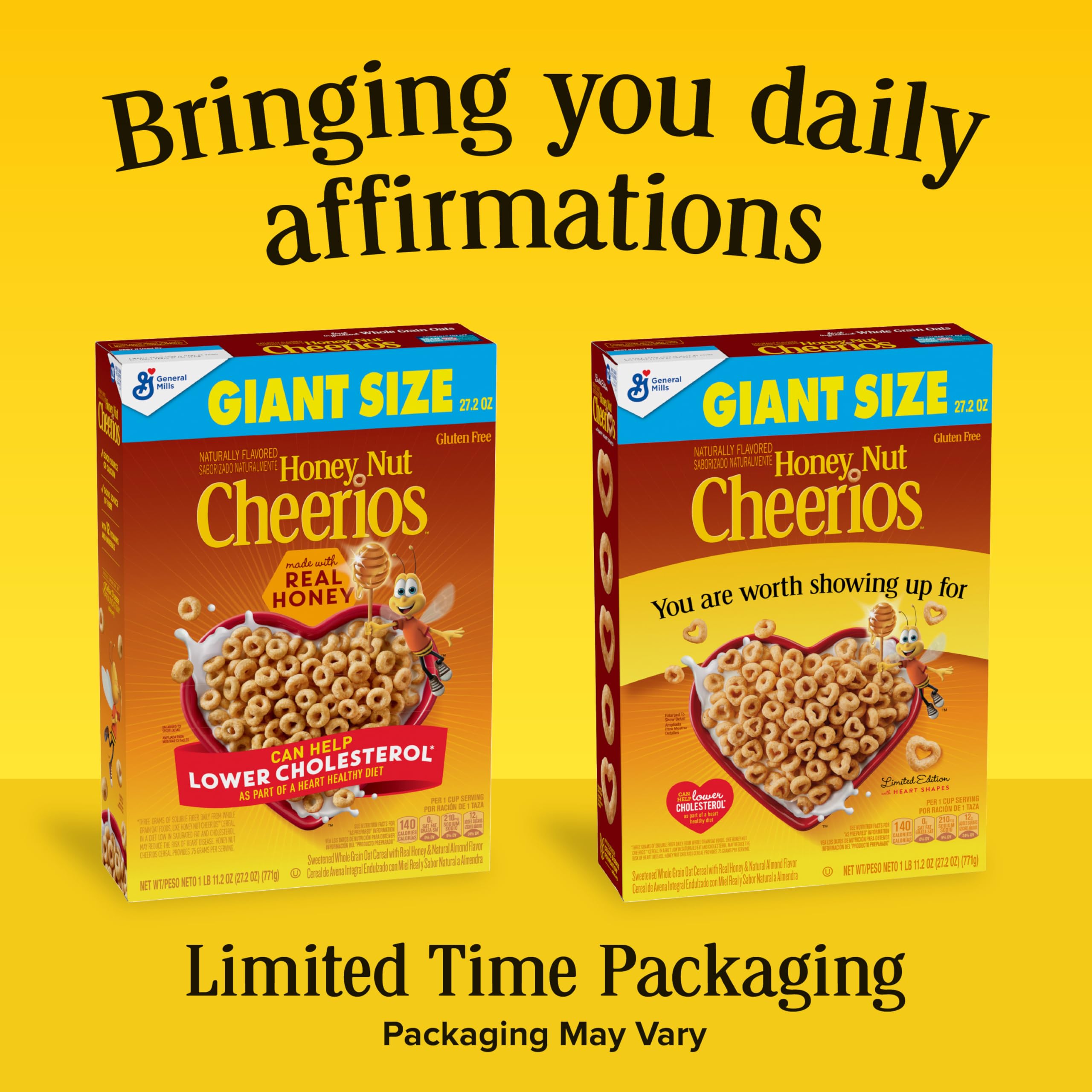 Cheerios Honey Nut Affirmations Box displaying daily messages to start the day positively.