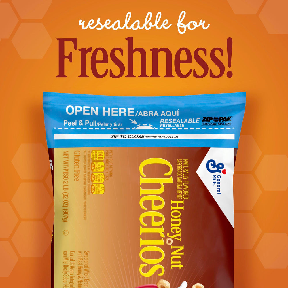 Cheerios Honey Nut Cheerios gluten-free label on the cereal box.