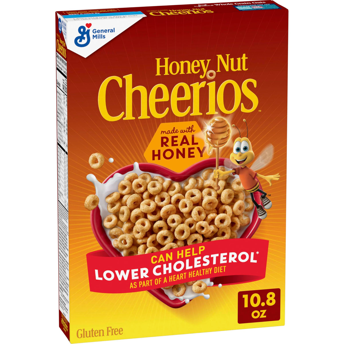 Cheerios Honey Nut cereal heart shapes with affirmations box for a gluten-free breakfast