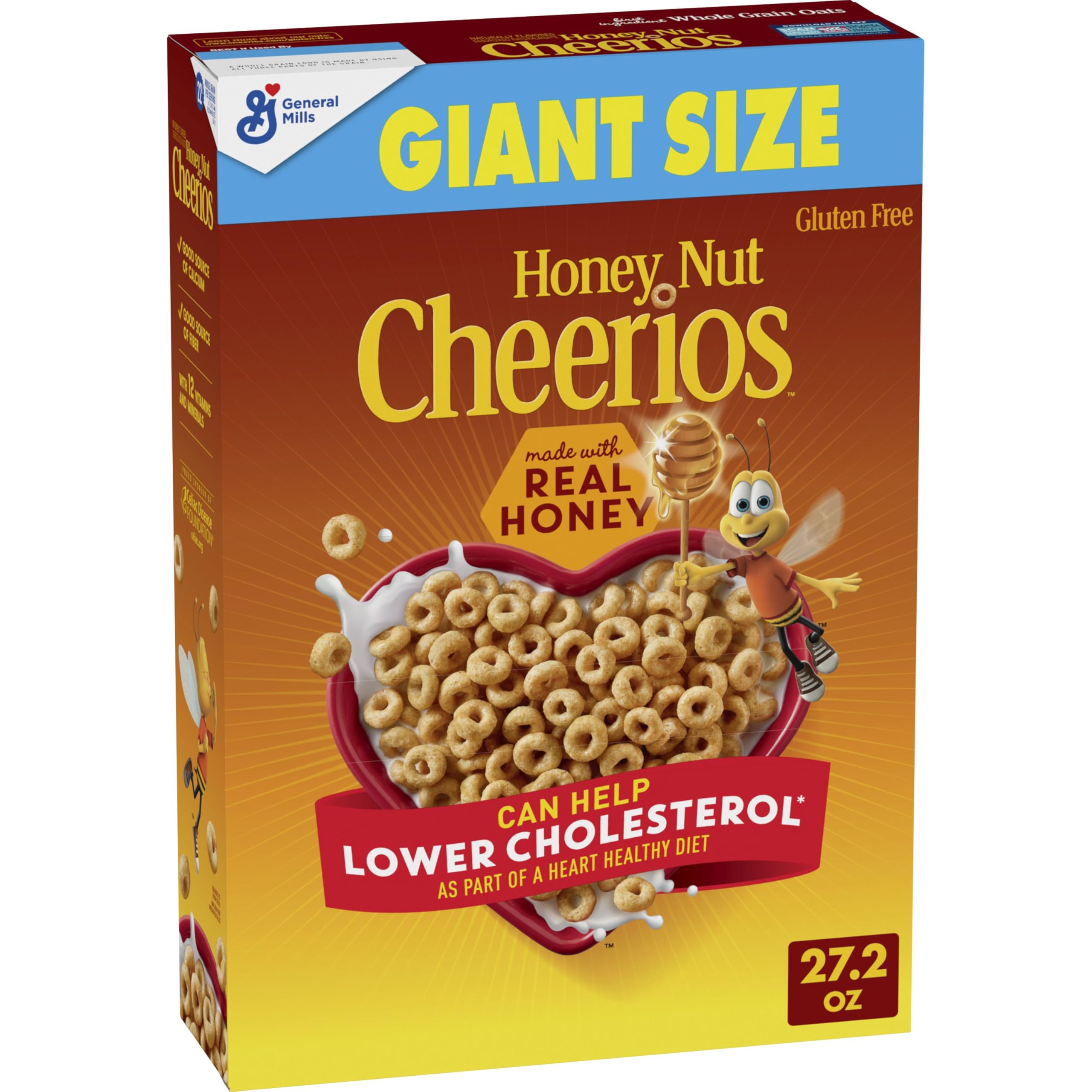 Cheerios Honey Nut Heart Shapes box showing heart shapes and uplifting affirmations for family mornings.