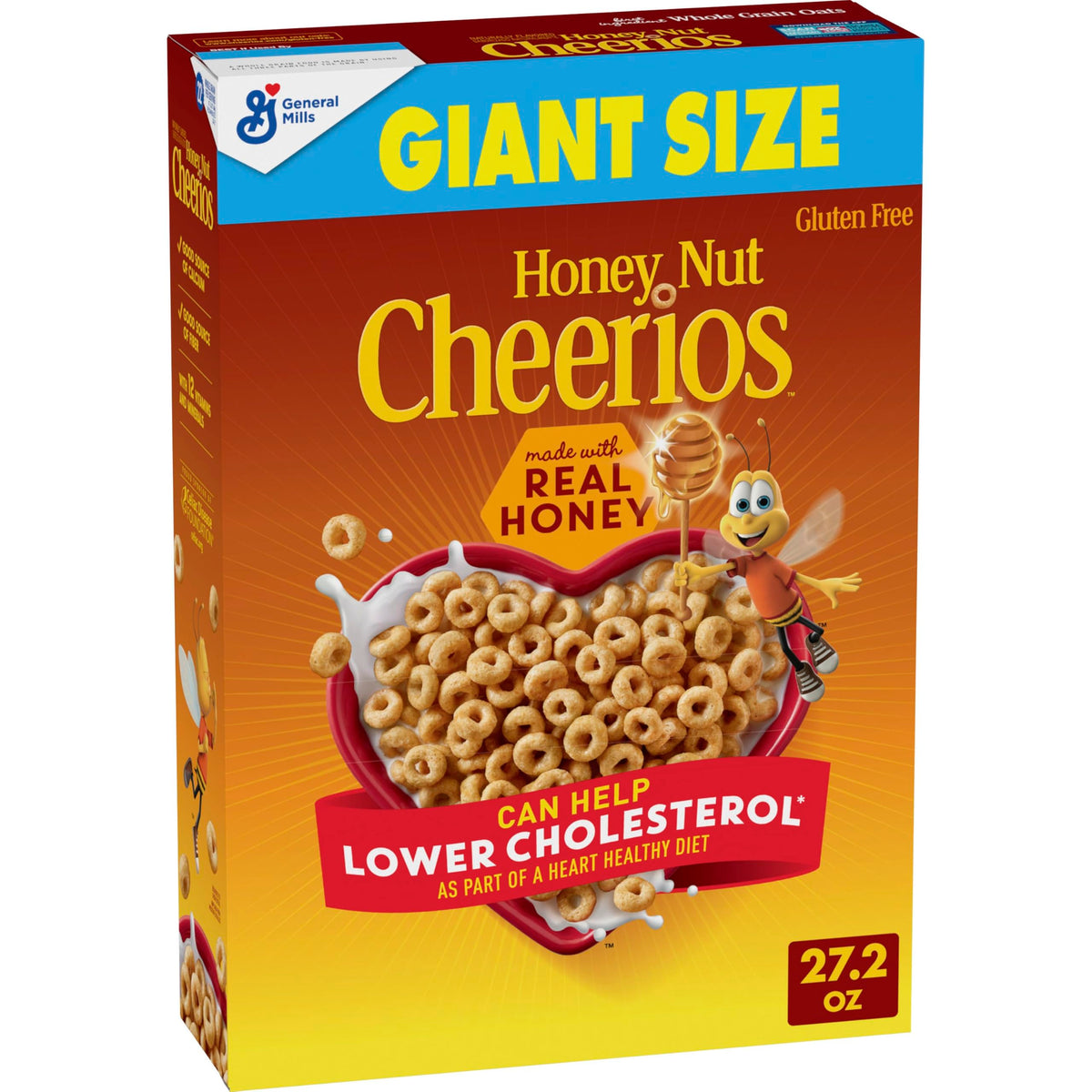 Cheerios Honey Nut Heart Shapes box showing heart shapes and uplifting affirmations for family mornings.