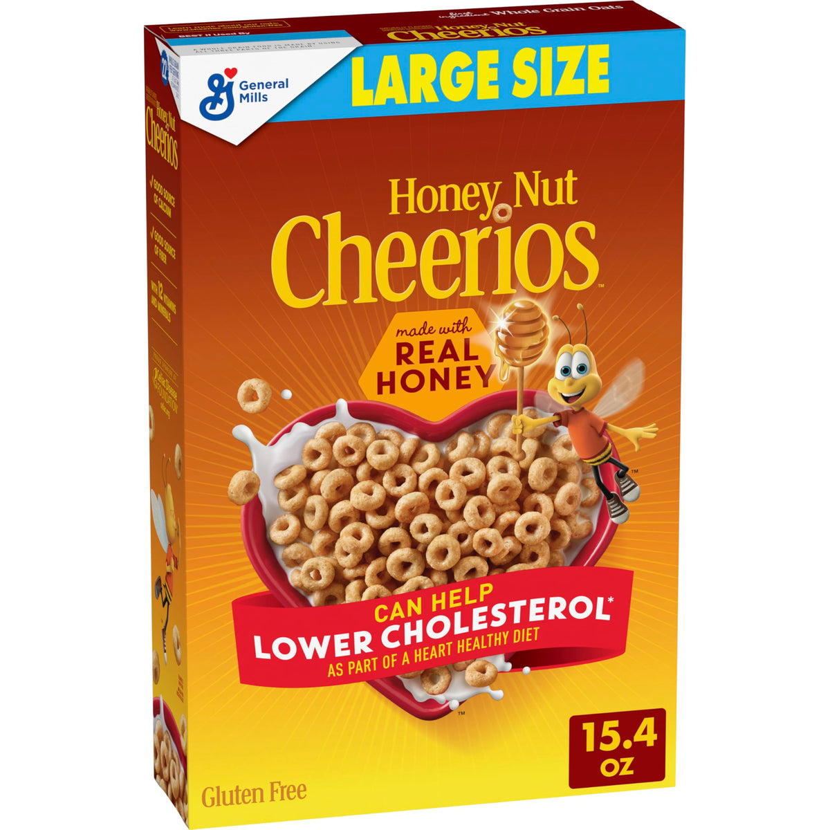 Cheerios Honey Nut Heart Shapes box showing heart pattern and affirmations.
