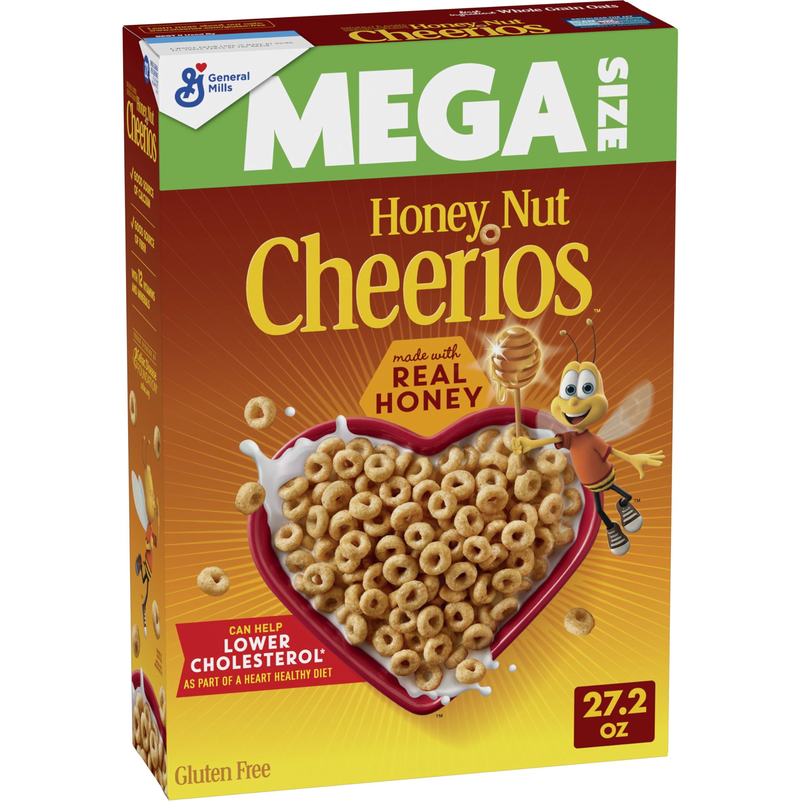 Cheerios Honey Nut Heart Shapes box front with affirmations for family mornings.