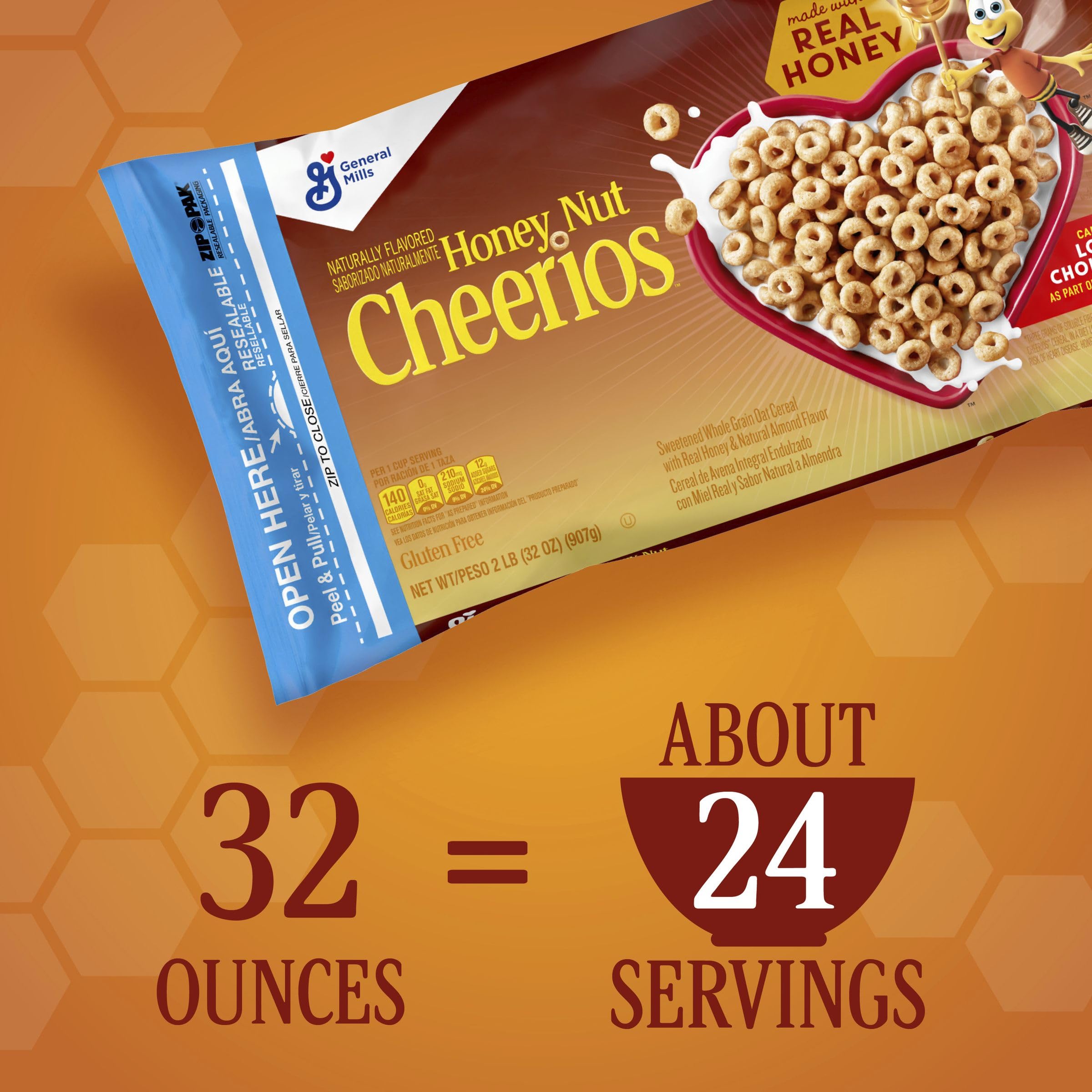 Cheerios Honey Nut Cheerios value bag packaging for easy pantry storage.
