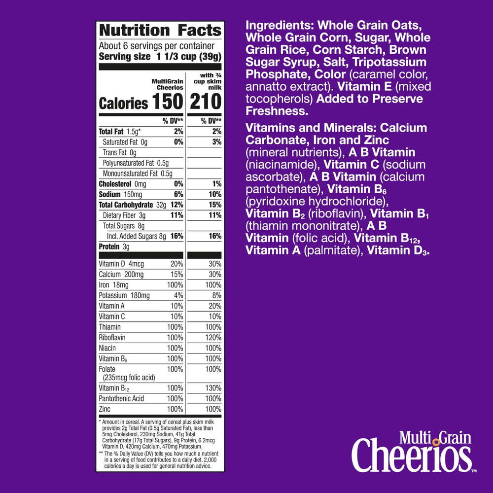 Cheerios Multi Grain bowl with milk ready for a quick, fiber-friendly morning.