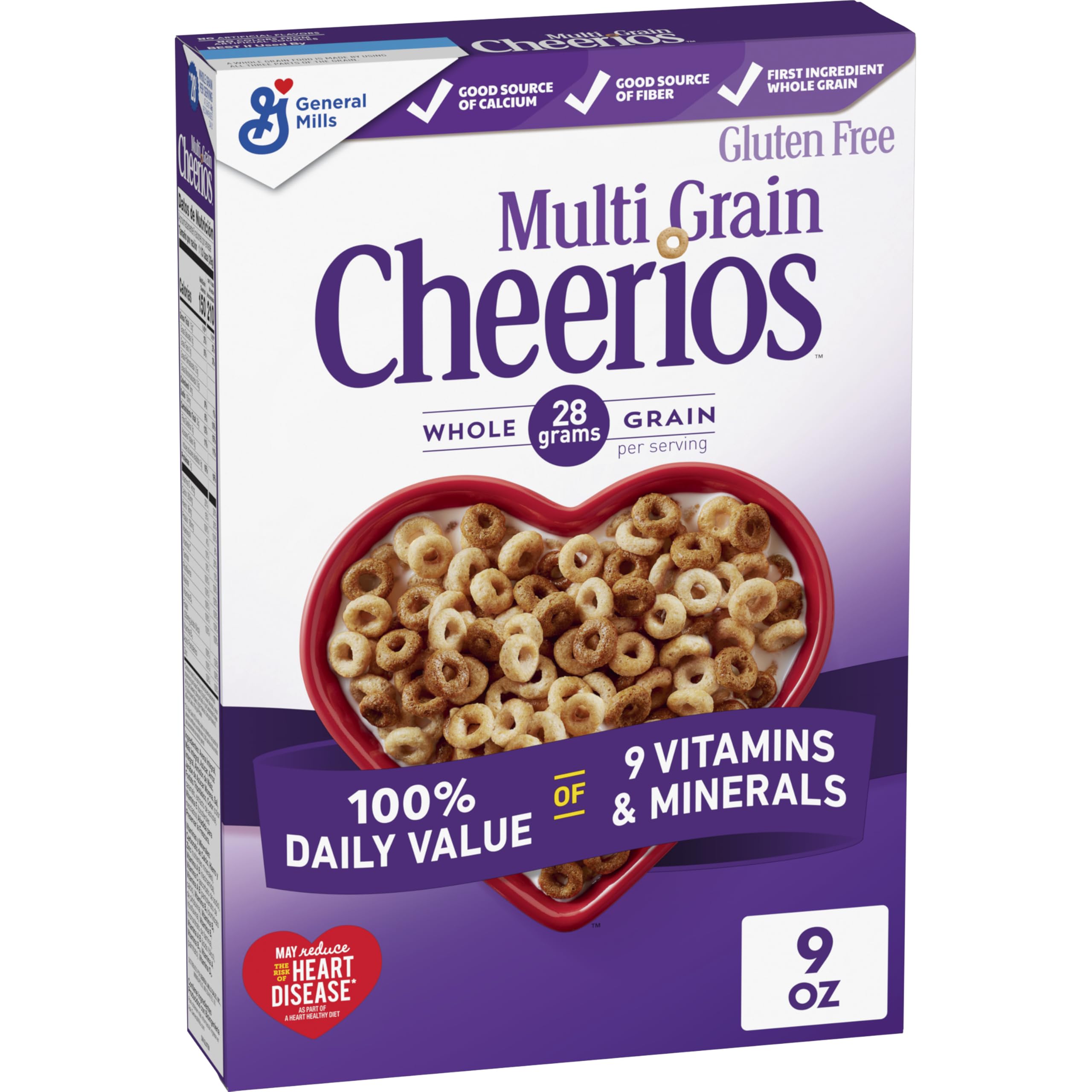 Cheerios Multi Grain cereal box on kitchen shelf, signaling a heart-healthy breakfast option.