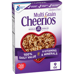 Cheerios Multi Grain cereal box on kitchen shelf, signaling a heart-healthy breakfast option.