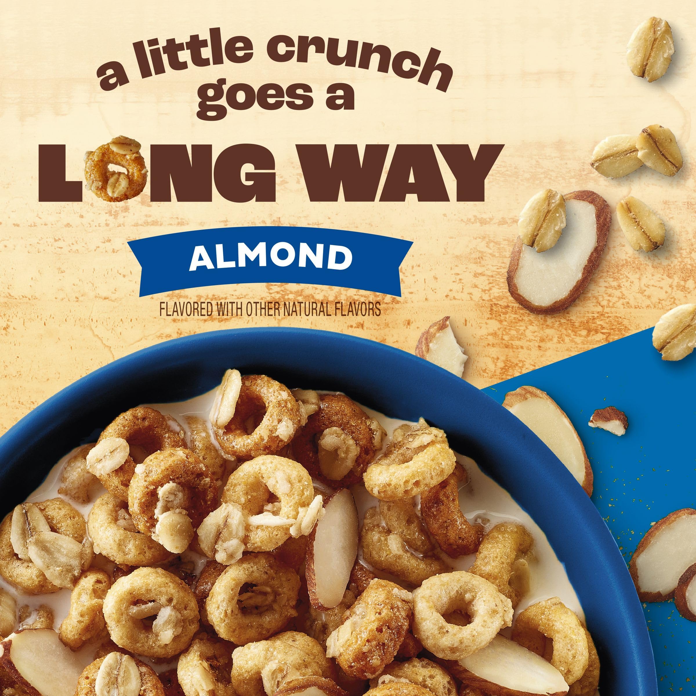 Box of Cheerios Oat Crunch Almond shows whole grain oats and almonds.