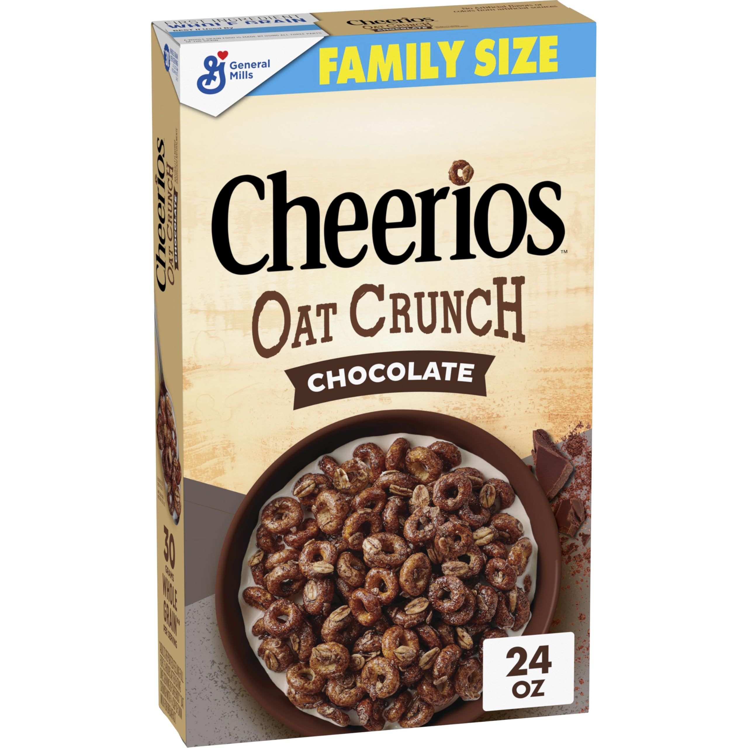 Cheerios Oat Crunch Chocolate box front highlighting whole grains for a hearty breakfast