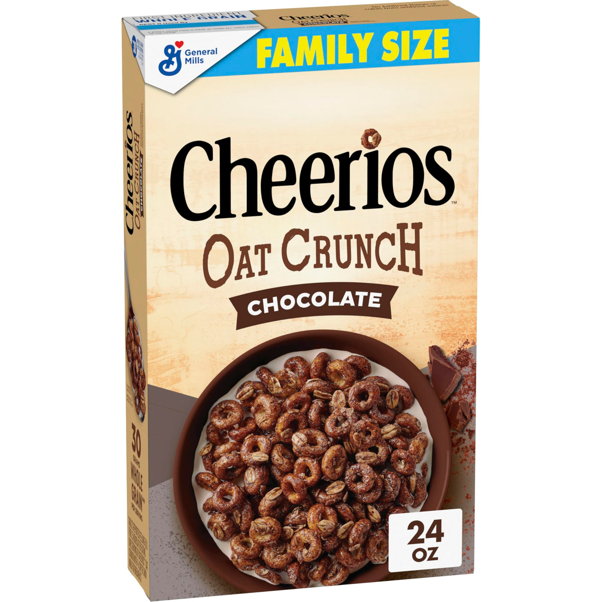 Cheerios Oat Crunch Chocolate box front highlighting whole grains for a hearty breakfast