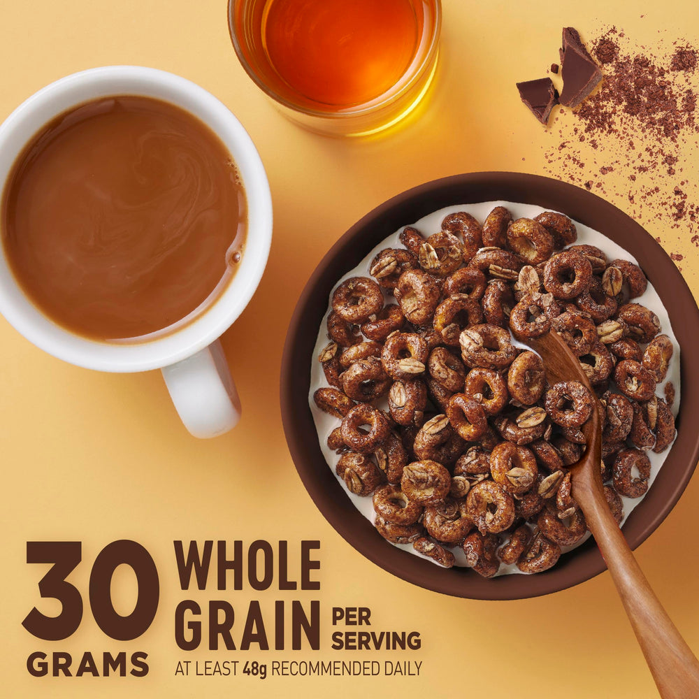 Cheerios Oat Crunch Chocolate family-size box front showcasing 24 oz convenient snack option