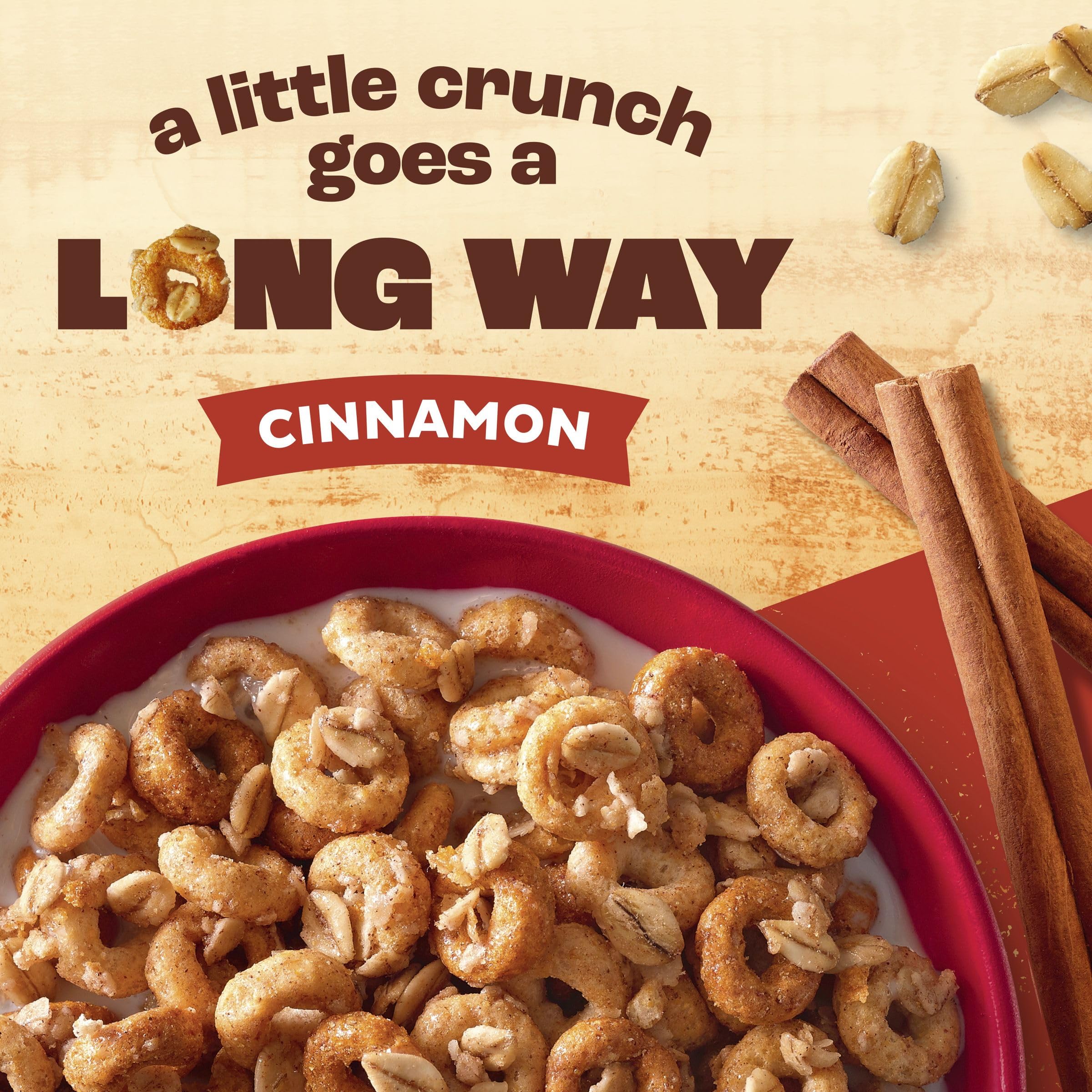 Cheerios Oat Crunch Cinnamon cereal box on the kitchen counter