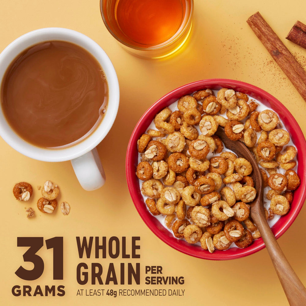Cheerios Oat Crunch Cinnamon snack straight from the box on a desk