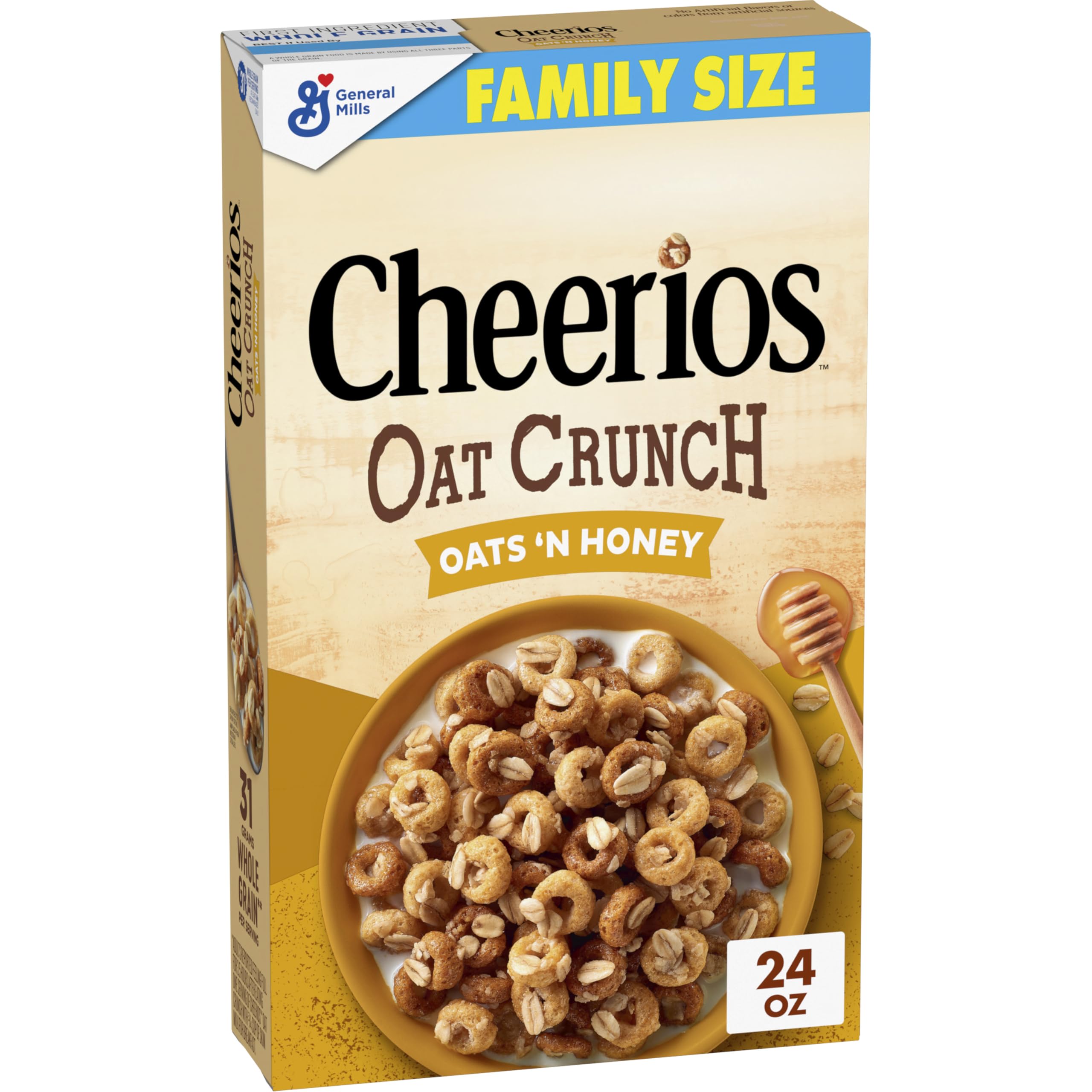 Cheerios Oat Crunch Oats 'N Honey cereal bowl offers a satisfying morning crunch.