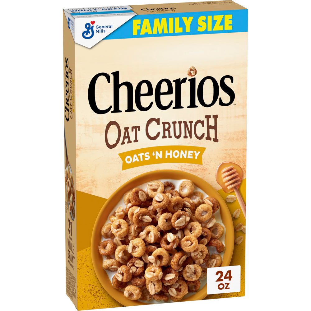 Cheerios Oat Crunch Oats 'N Honey cereal bowl offers a satisfying morning crunch.