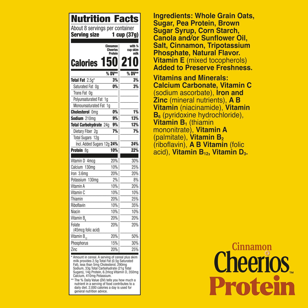 Cheerios Protein Cinnamon bowl ready for breakfast with milk.