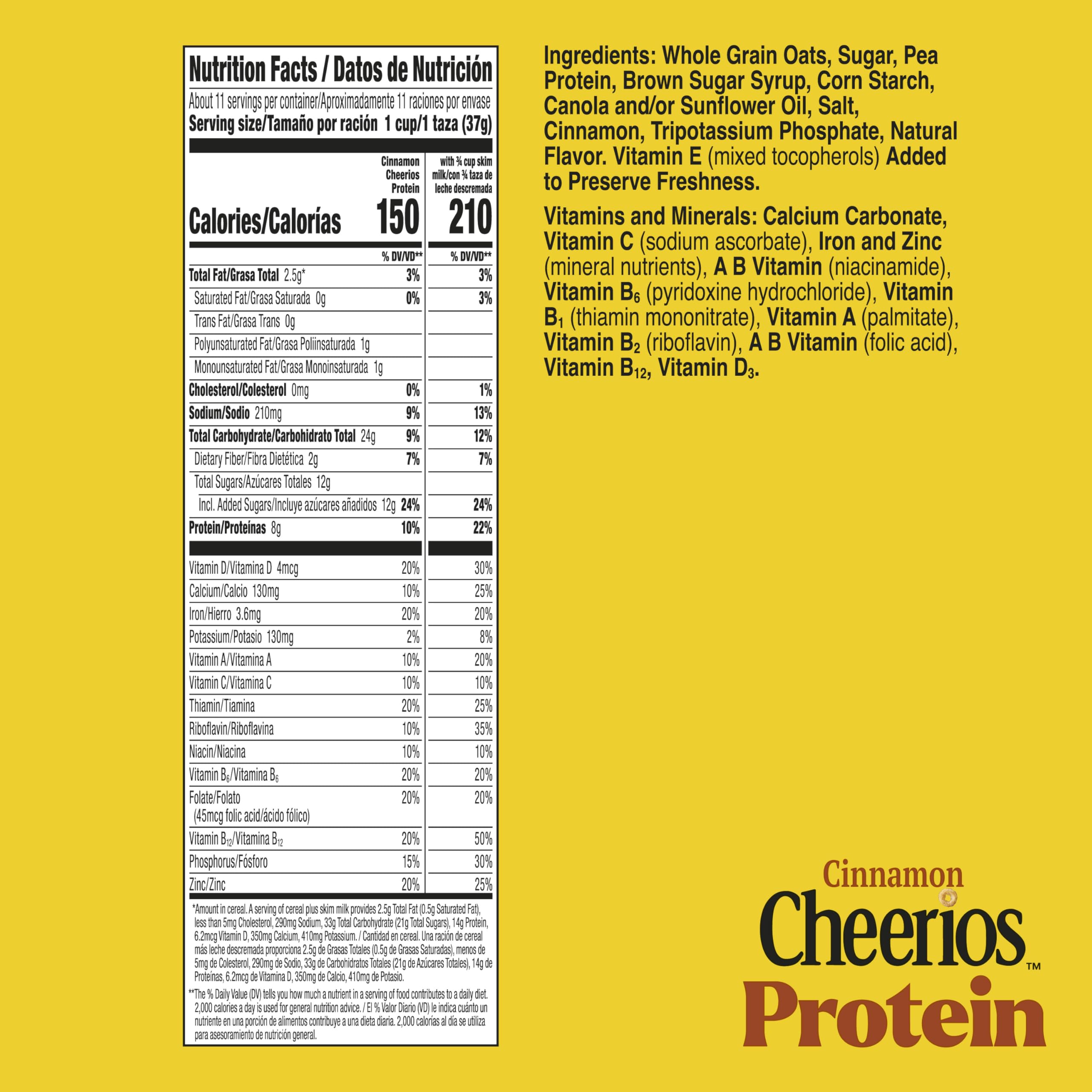 Cheerios Protein Cereal Cinnamon family size box on a kitchen counter for quick breakfast.
