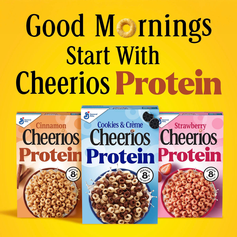 Cheerios Protein Cinnamon large box on pantry shelf.