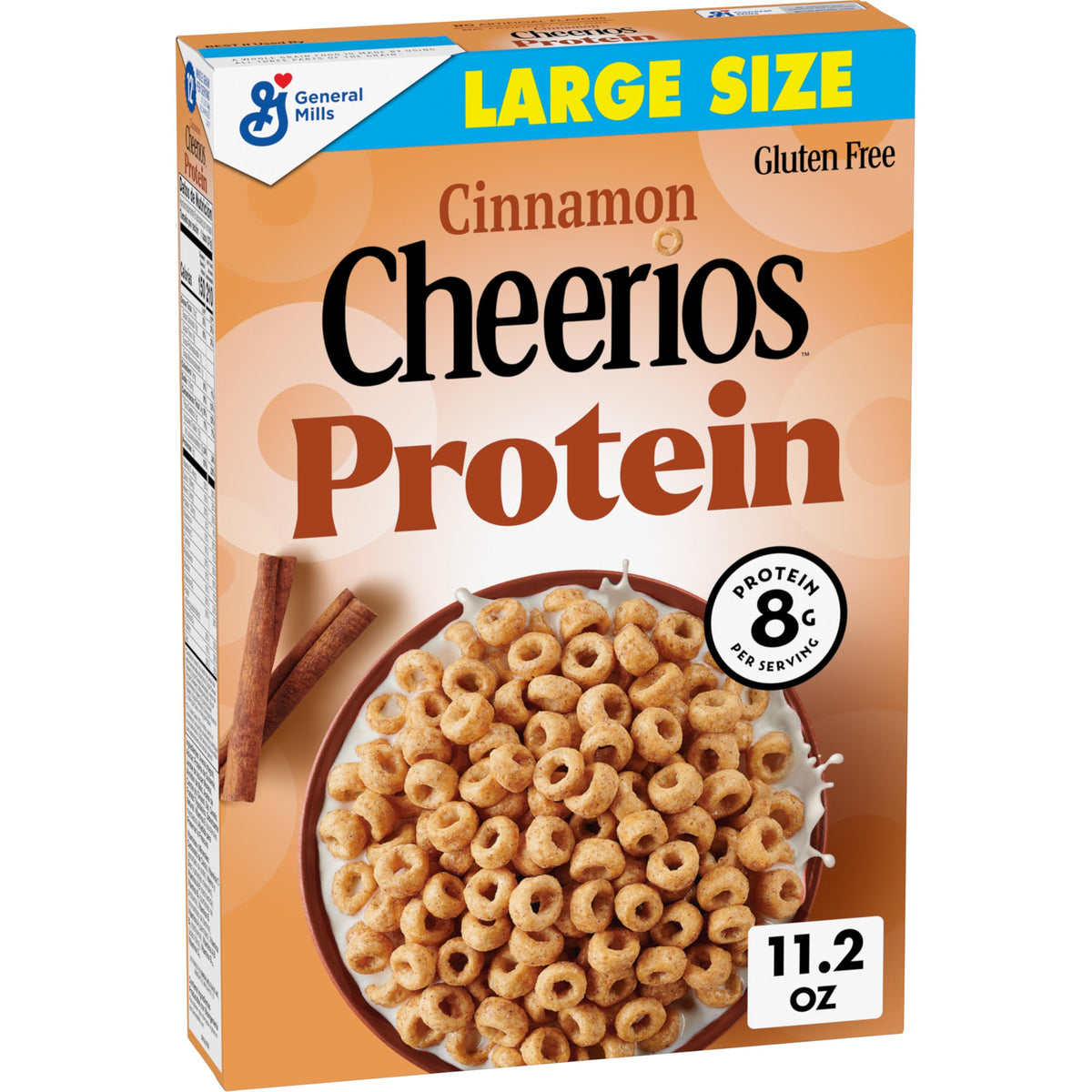 Cheerios Protein Cinnamon packaging shows a large-size box for pantry storage.