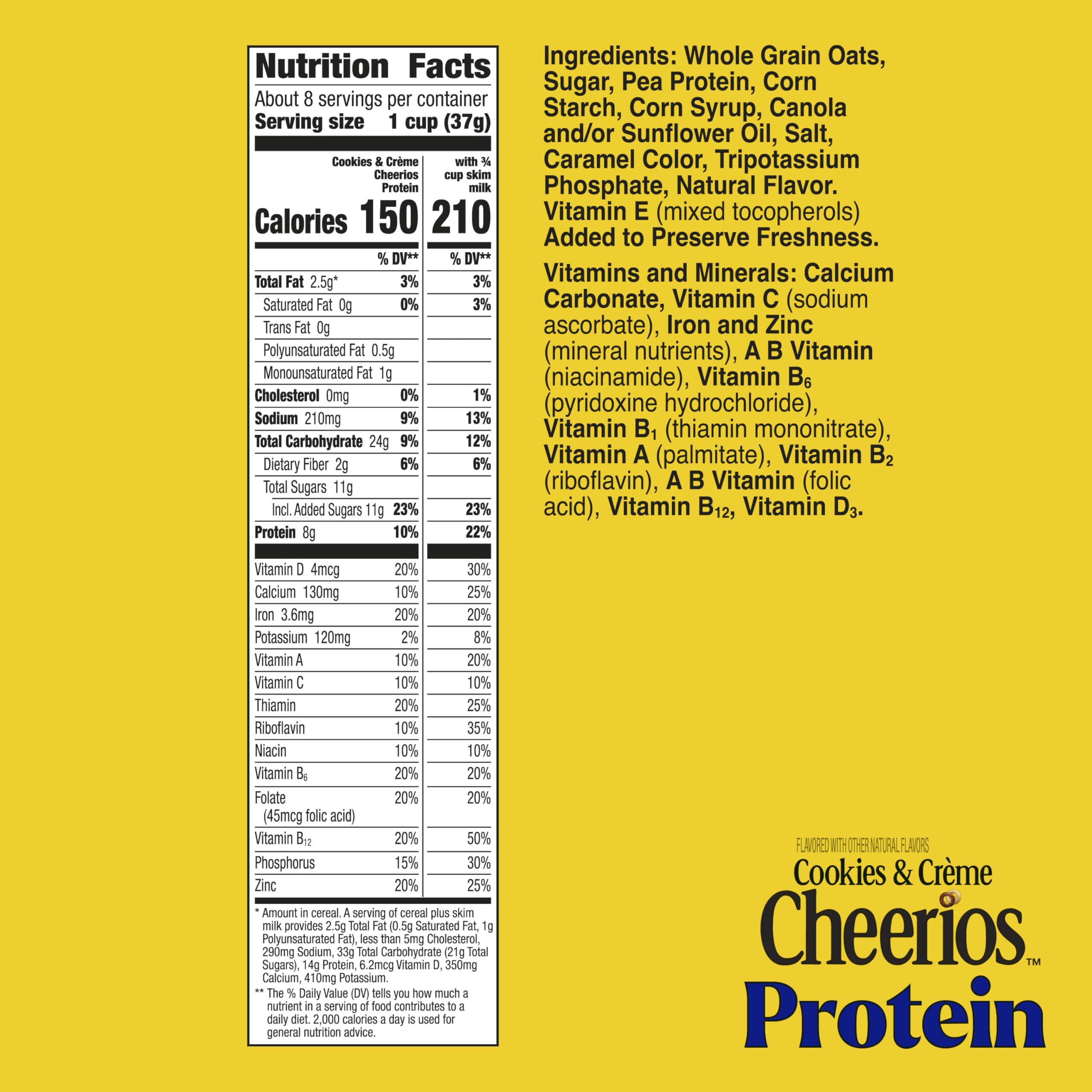 Bowl with Cheerios Protein Cookies and Creme and milk, showing 8g protein per serving.