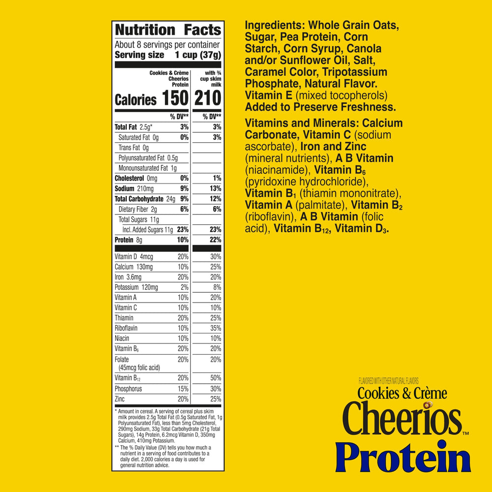 Bowl with Cheerios Protein Cookies and Creme and milk, showing 8g protein per serving.