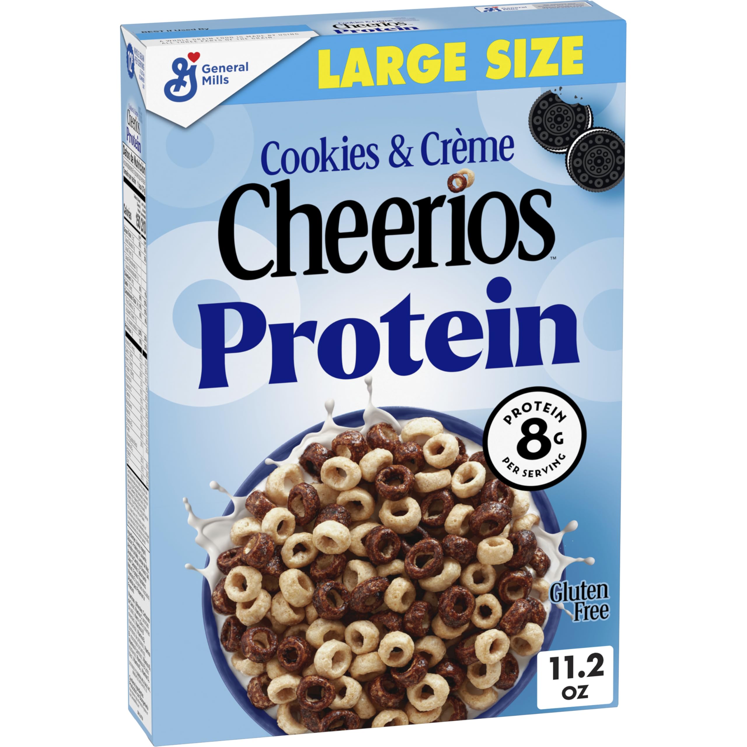 Cheerios Protein Cereal Cookies and Creme box front, ideal for quick family breakfasts.