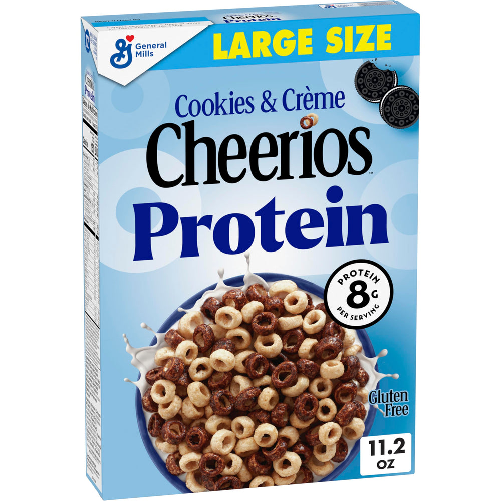 Cheerios Protein Cereal Cookies and Creme box front, ideal for quick family breakfasts.