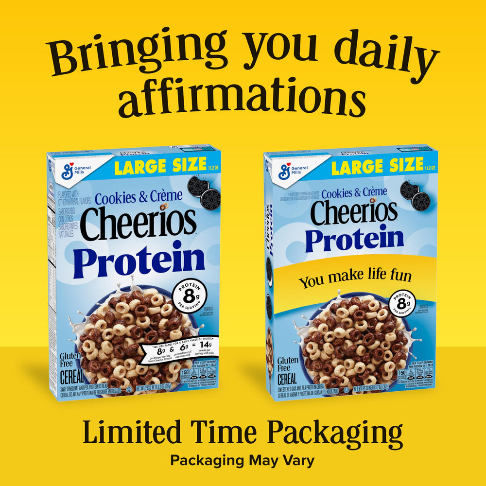 Pouring Cheerios Protein Cookies and Creme into a bowl for a fast breakfast.