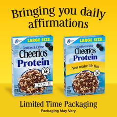 Pouring Cheerios Protein Cookies and Creme into a bowl for a fast breakfast.