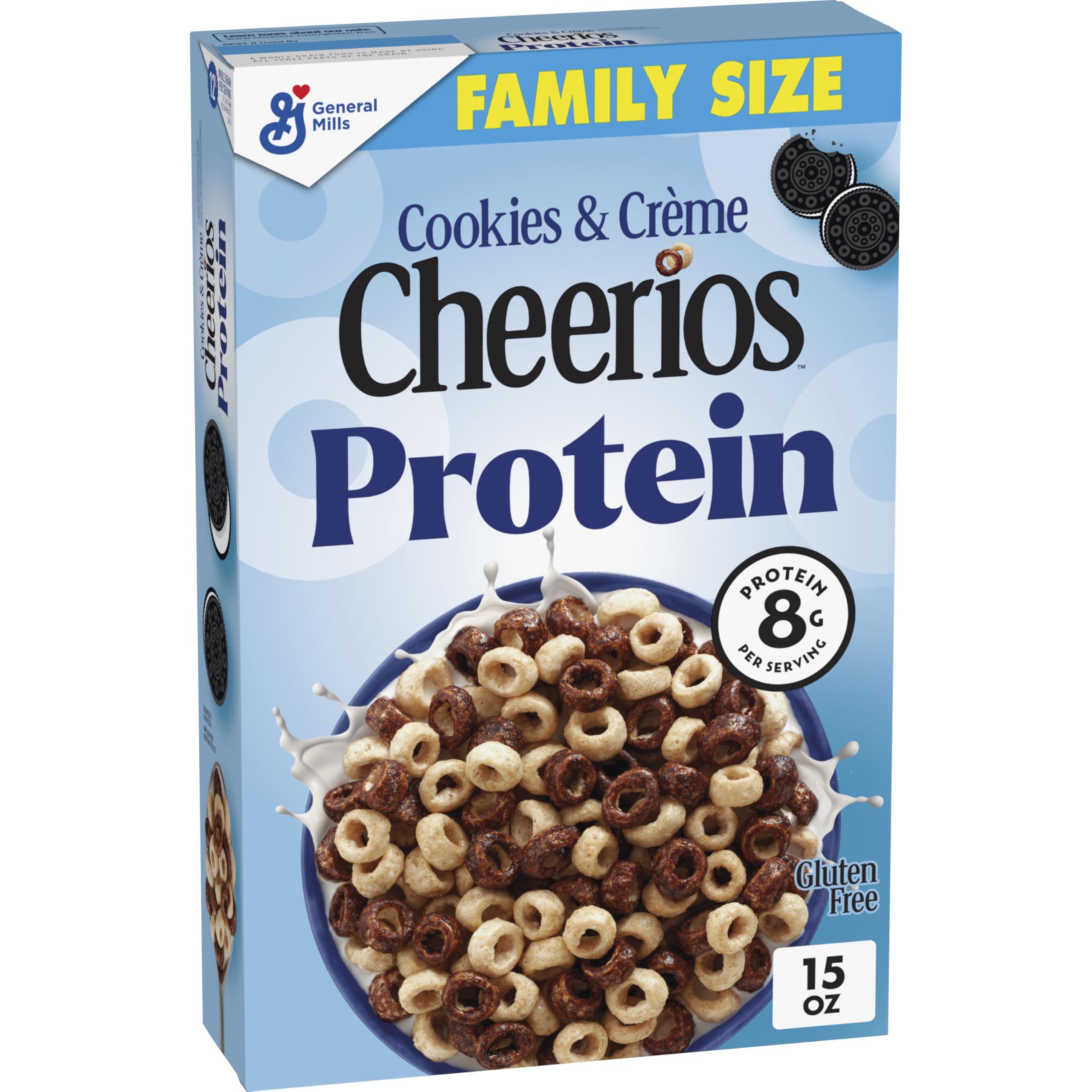 Cheerios Protein Cookies and Creme box front showing family-size packaging