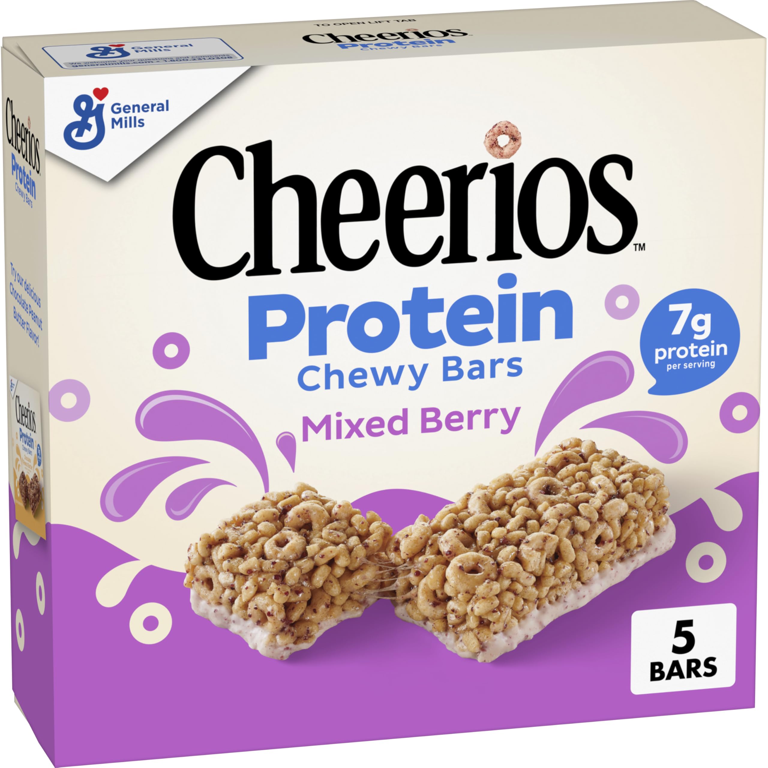 Cheerios Protein Chewy Bars Mixed Berry box shown as a portable family snack.