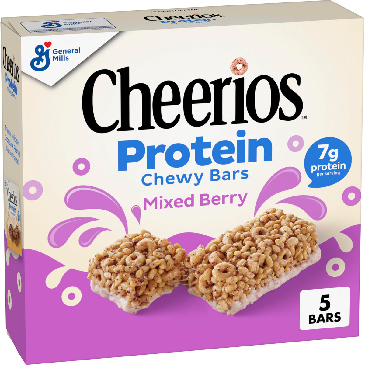 Cheerios Protein Chewy Bars Mixed Berry box shown as a portable family snack.