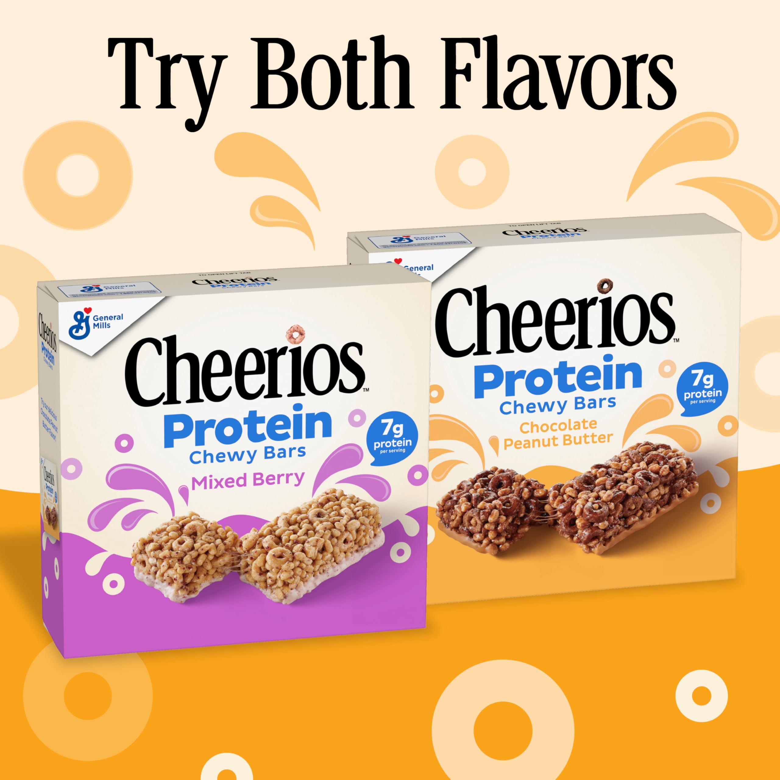 Nutrition label and Berry-inspired visuals on Cheerios Protein Chewy Bars Mixed Berry.