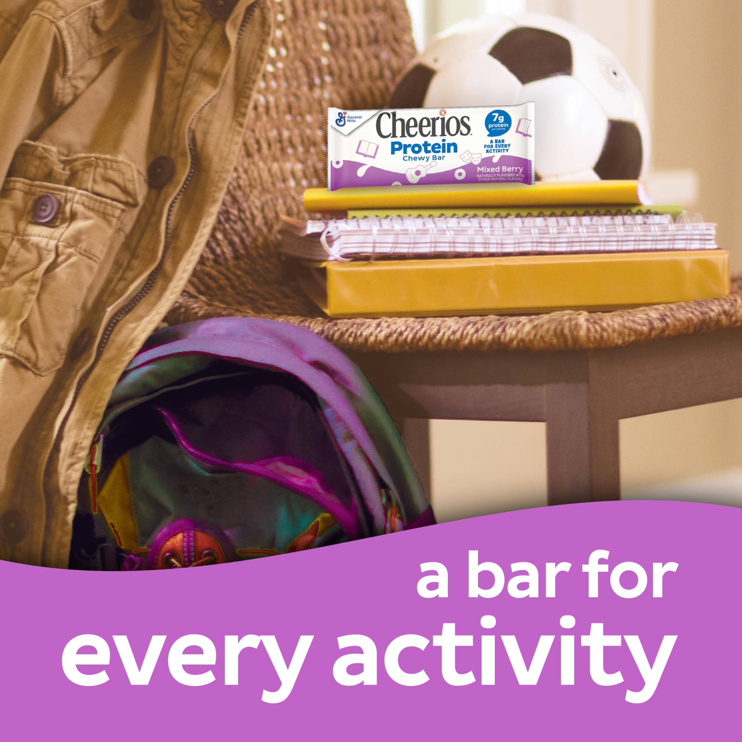 Cheerios Protein Chewy Bars Mixed Berry in a lunchbox ready to eat.