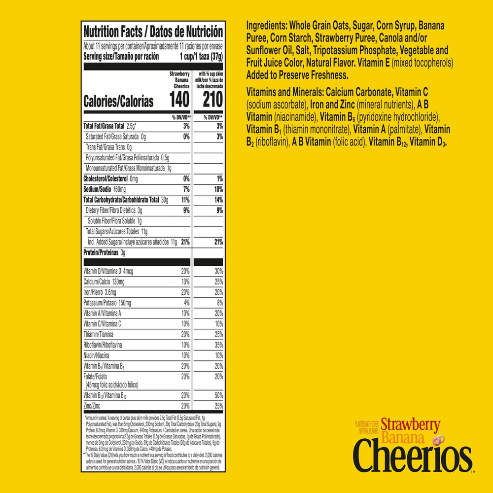 Cheerios Strawberry Banana cereal box on a kitchen counter