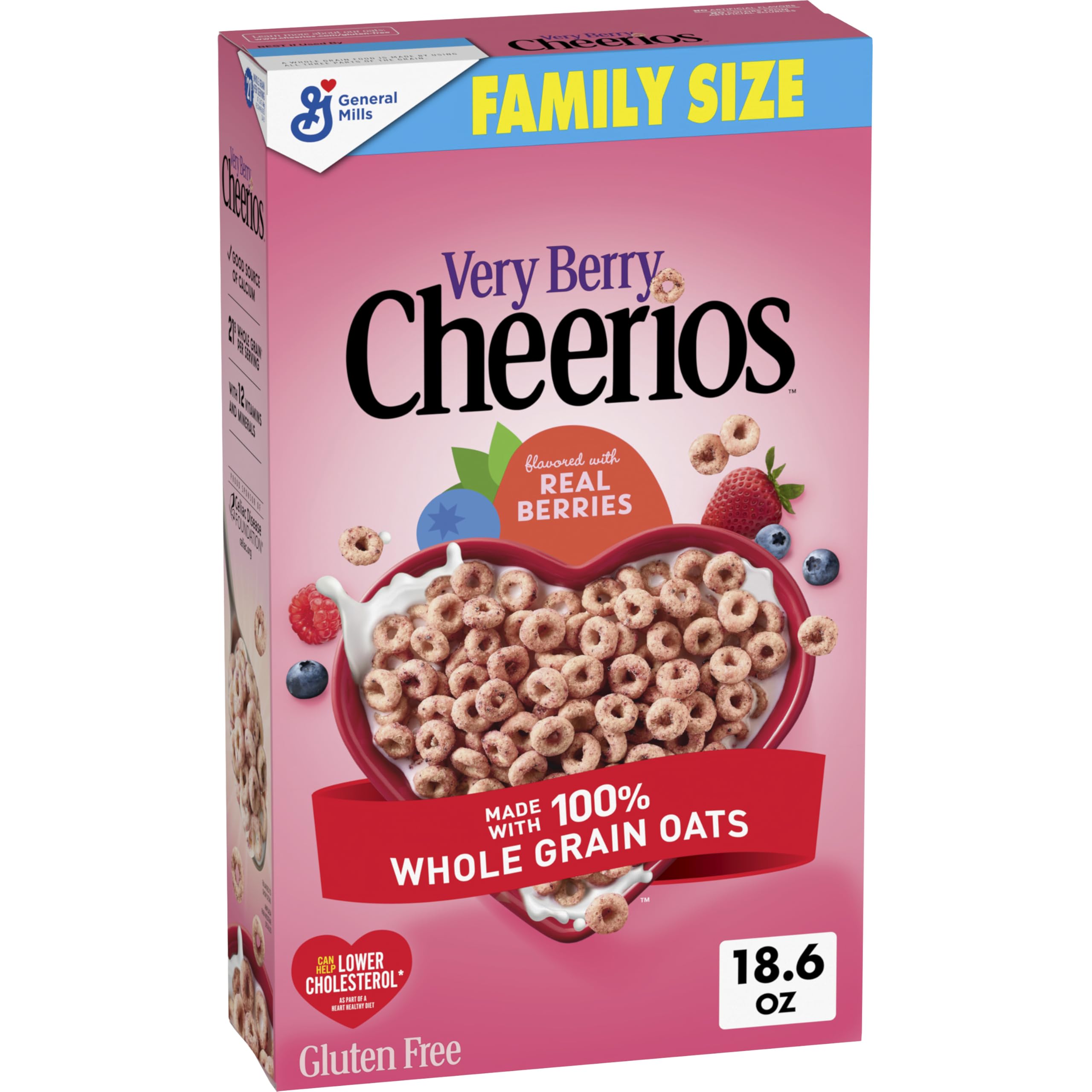 Very Berry Cheerios bowl with milk, a gluten-free breakfast option.