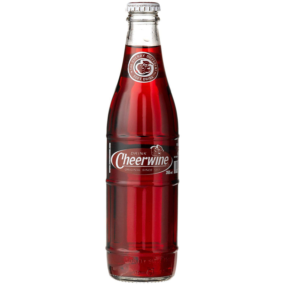 Cheerwine cherry soda glass bottle closeup emphasizes premium packaging for gatherings.