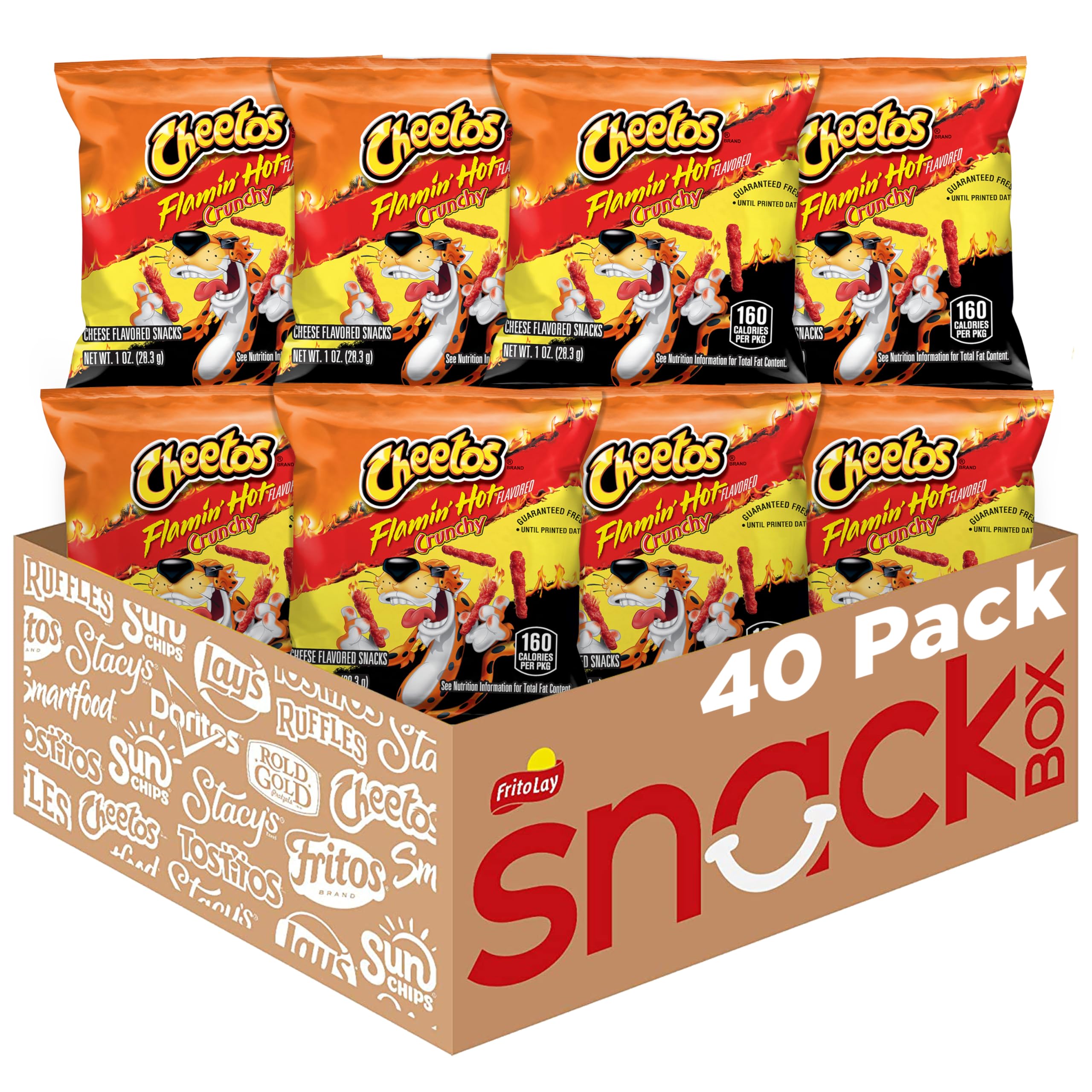 Cheetos Flamin' Hot Crunchy cheese snacks front packaging, grab-and-go snacking.