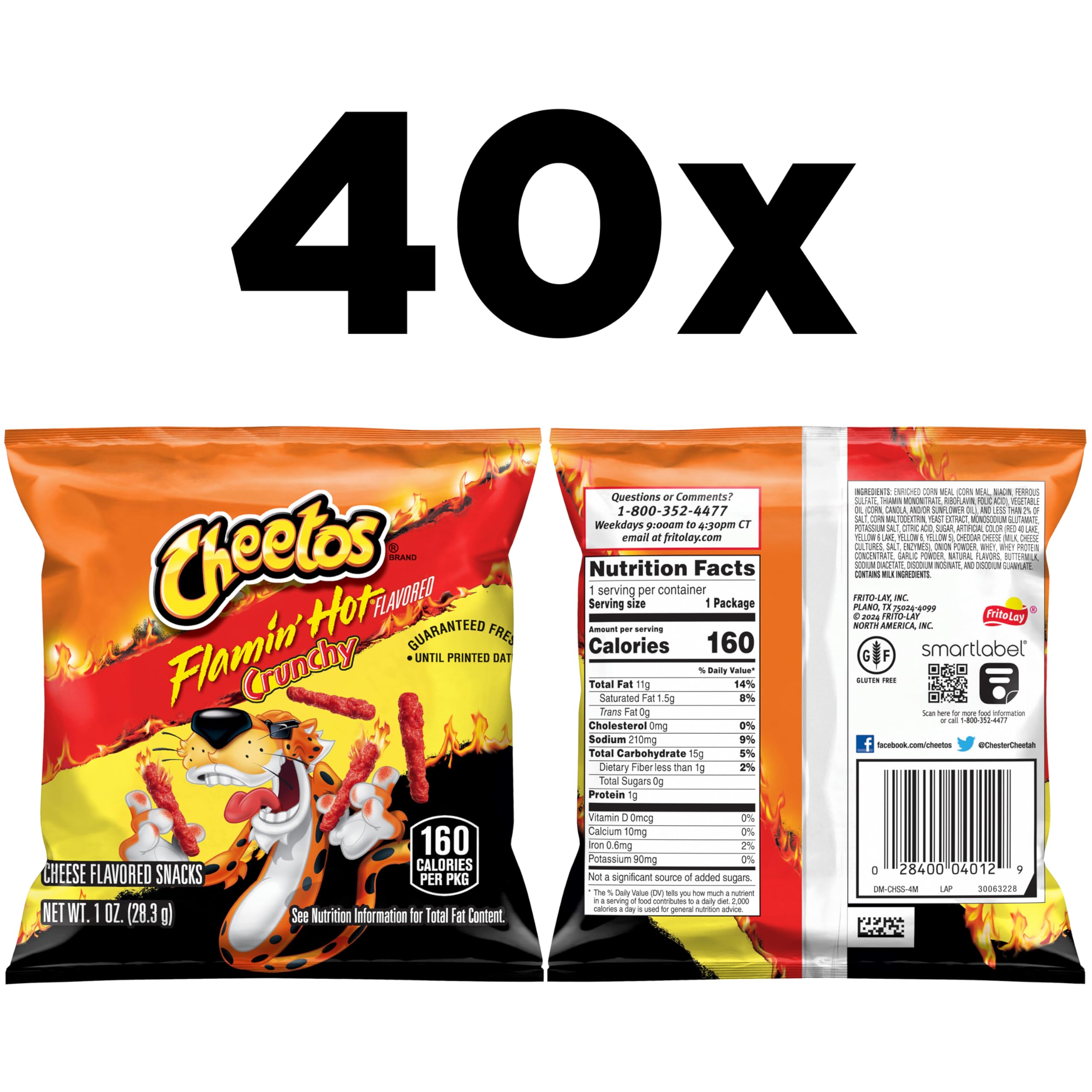 Cheetos Flamin' Hot Crunchy close-up shows cheesy coating and heat.