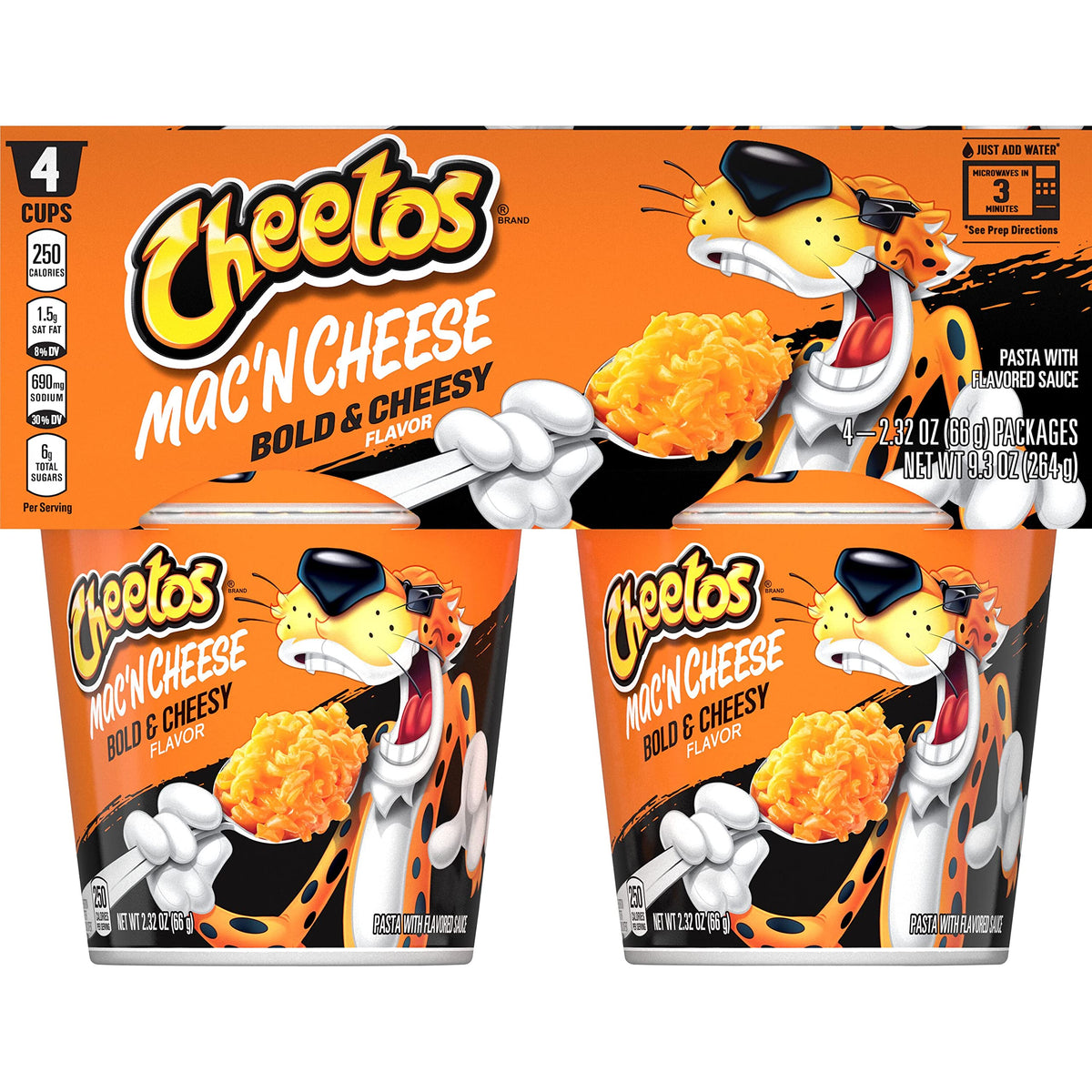 Cheetos Mac N Cheese bold cups in a four-pack for easy snacking