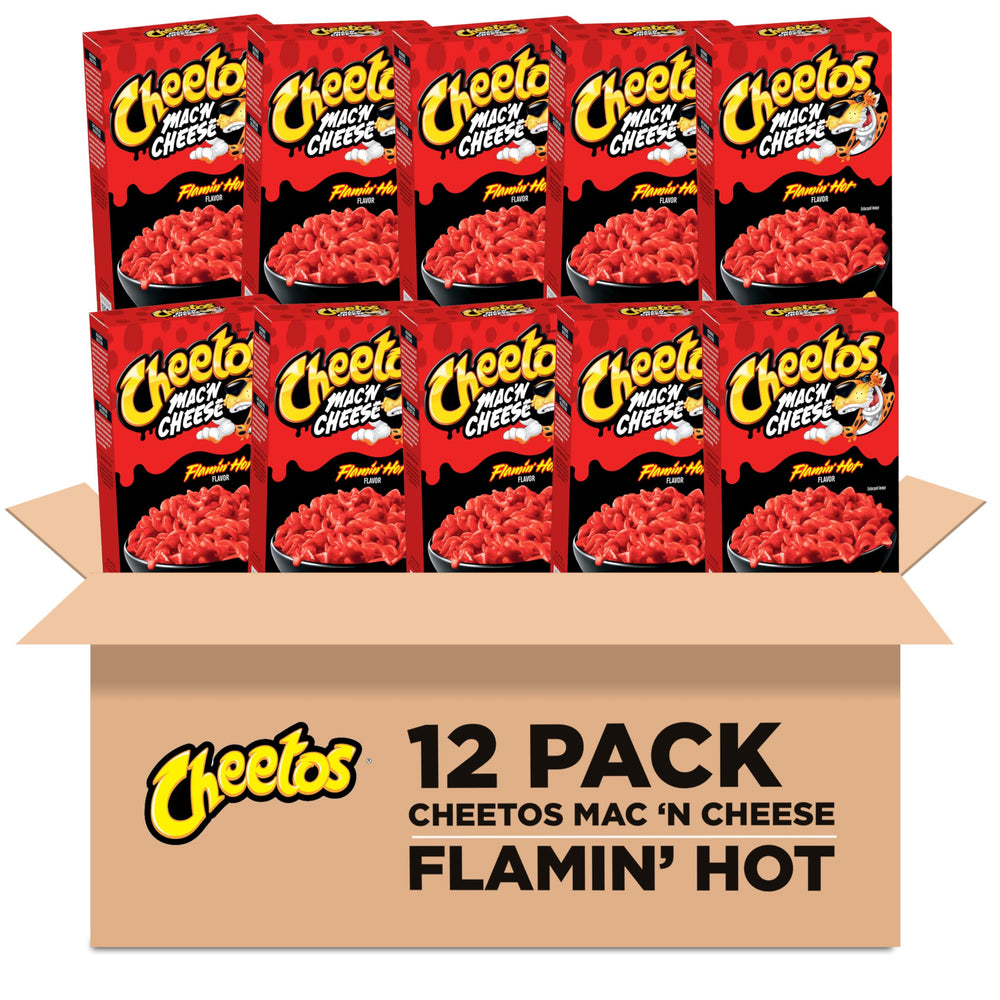 Cheetos Mac n Cheese Flamin' Hot boxed set, convenient 12-pack for quick meals.