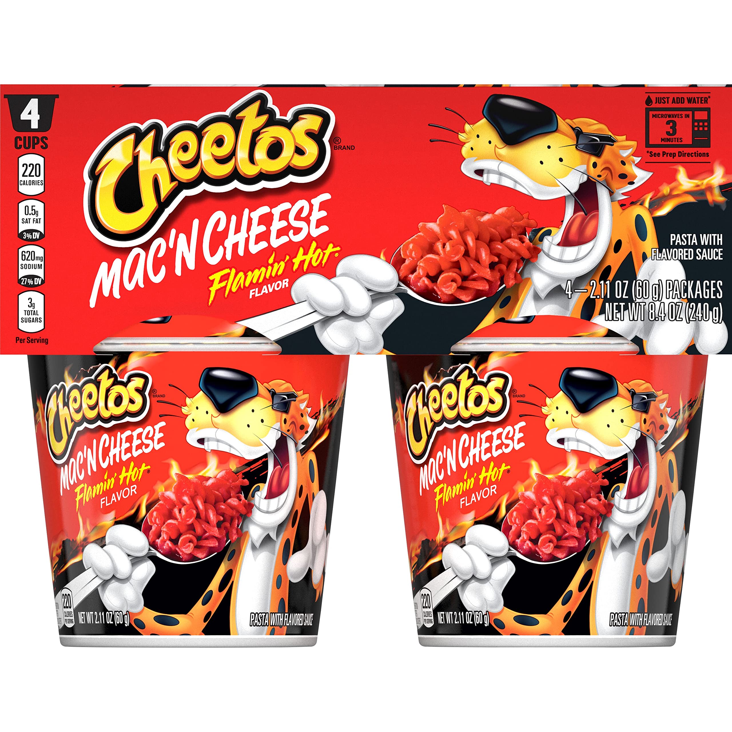 Cheetos Mac 'N Cheese Flamin' Hot cups ready-to-serve in minutes.