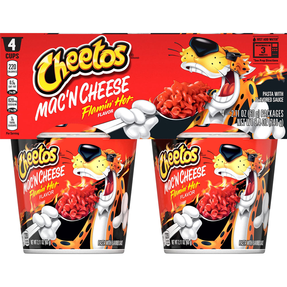 Cheetos Mac 'N Cheese Flamin' Hot cups ready-to-serve in minutes.