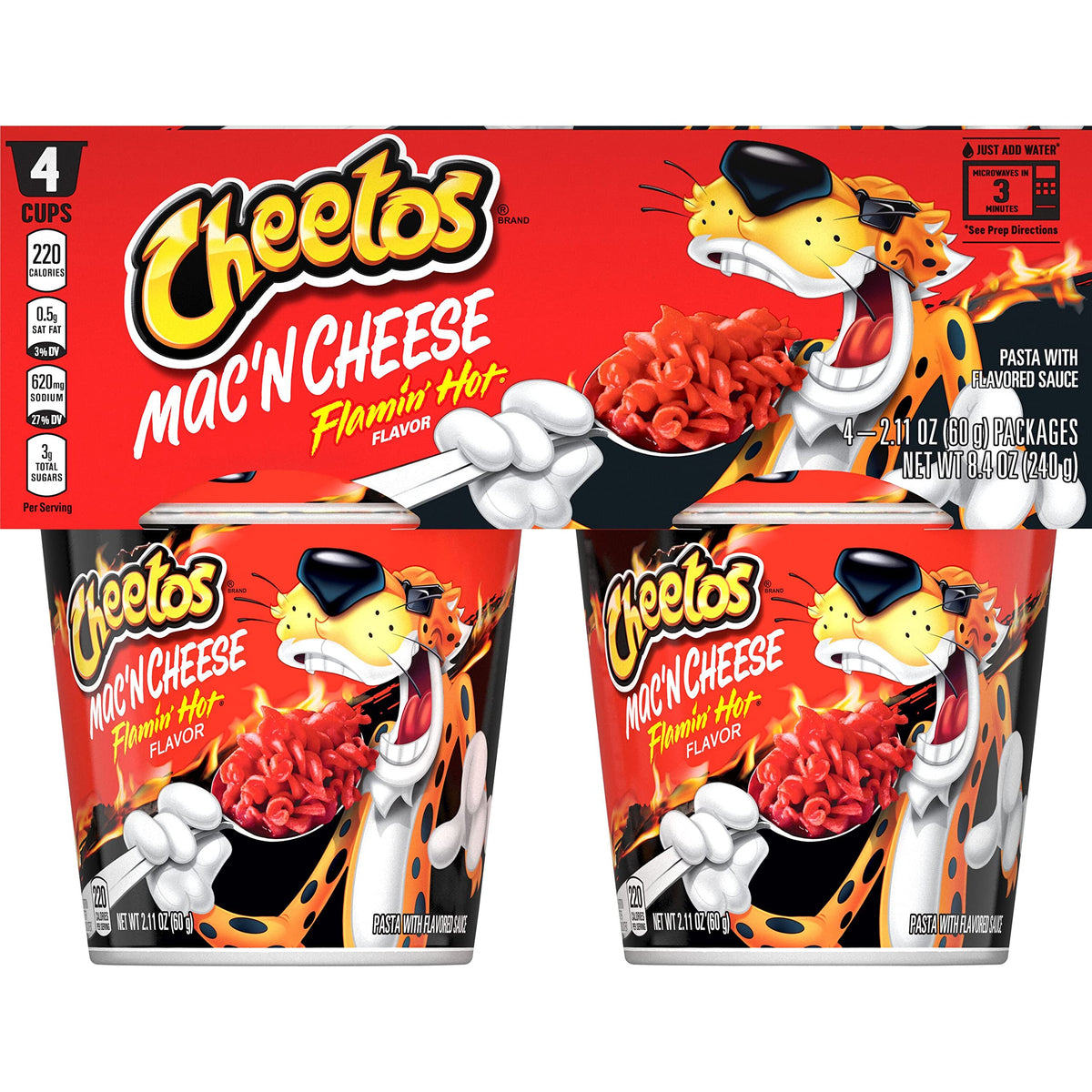 Cheetos Mac 'N Cheese Flamin' Hot cups ready-to-serve in minutes.