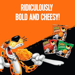 Chester Cheetah mascot beside Cheetos Mac N Cheese cups