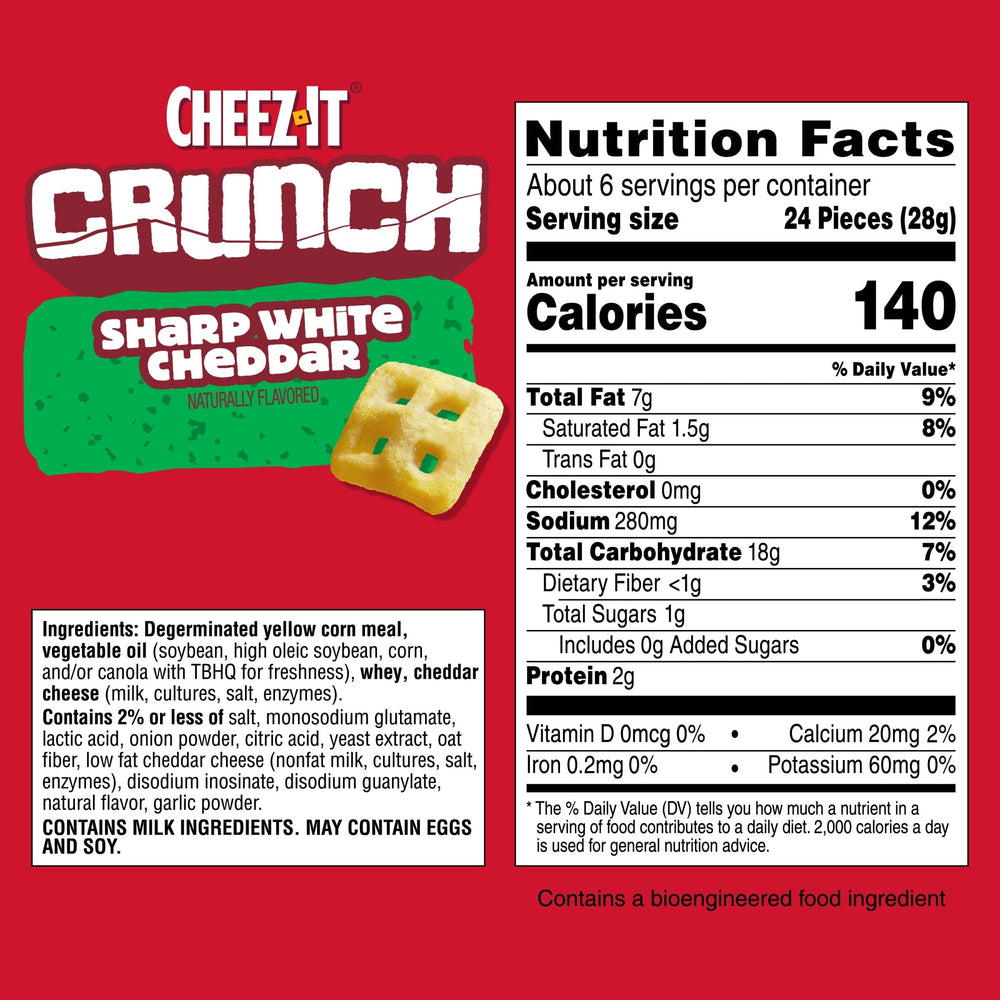 Cheez-It Crunch Sharp White Cheddar bag closeup highlighting crisp texture and real cheese