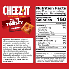 Cheez-It Extra Toasty cracker close-up shows crisp texture and cheesy bite.