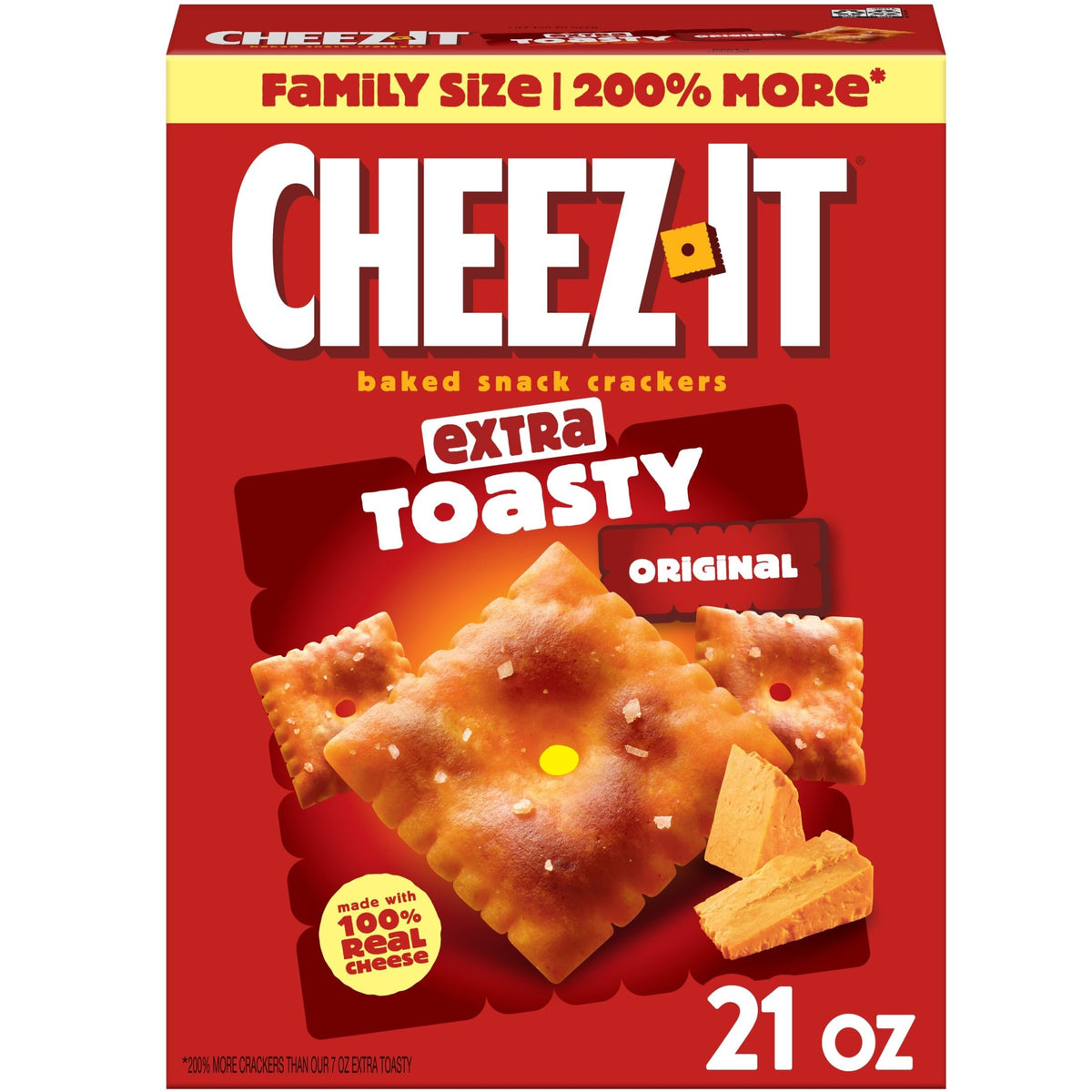 Cheez-It Extra Toasty box front emphasizes bold cheese flavor for quick snacking.